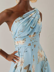 Light Blue Floral Ruched Chiffon One Shoulder Sleeveless A Line Maxi Dress