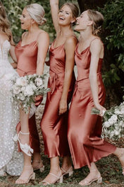 Sheath Straps Rust Silk Satin Ankle Length Bridesmaid Dresses