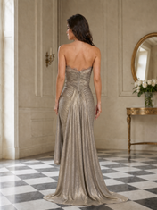 Strapless Plissé Metallic Floor-Length Evening Dresses with Side Sash