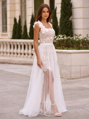 3D Floral Applique Square Neckline Lace Wedding Dress with Sheer Tulle Overlay