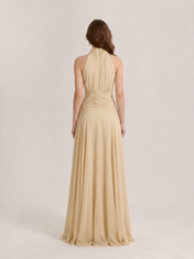 Halter High-Neck Floor-Length Chiffon Evening Dresses with Ruched Waist and Cascading Panels
