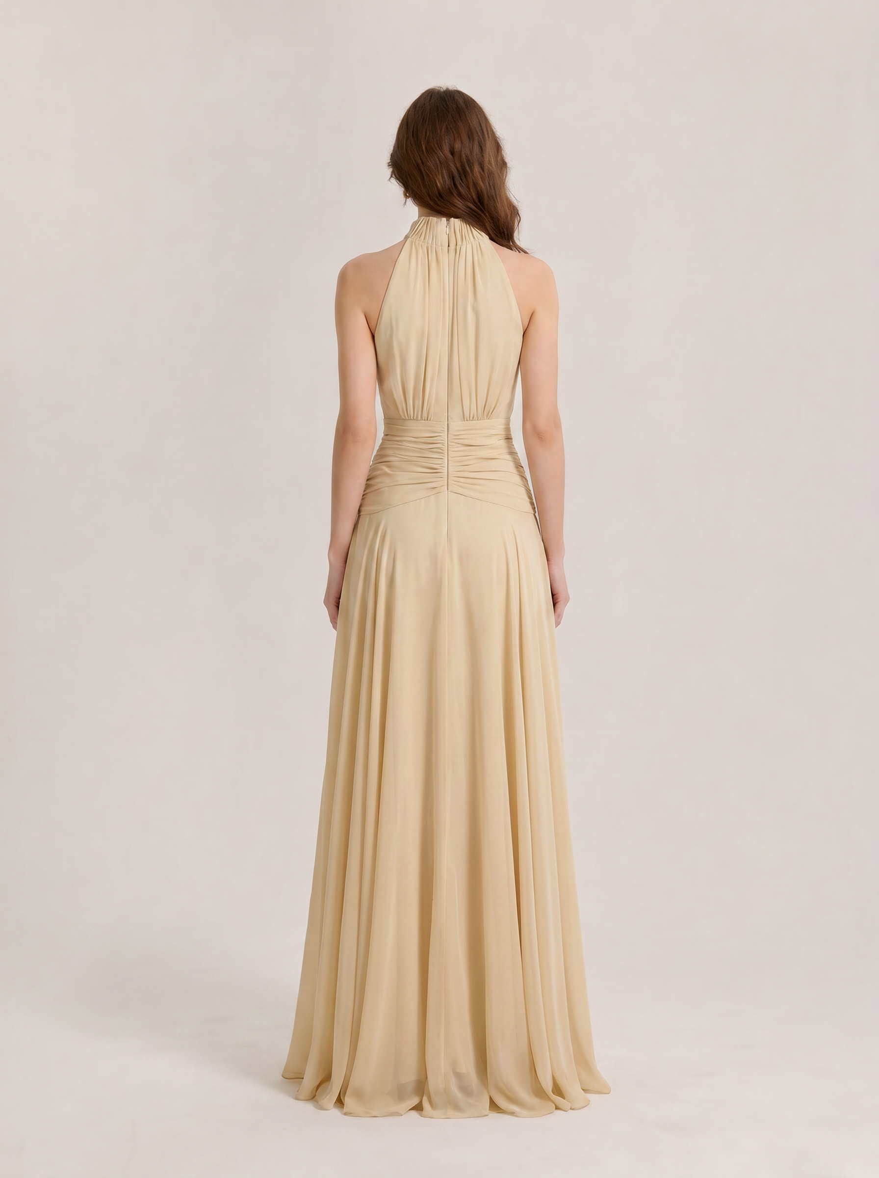 Halter High-Neck Floor-Length Chiffon Evening Dresses with Ruched Waist and Cascading Panels