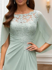 Mother of the Bride Dress Green Lace Crew Neck Cape Maxi Dress