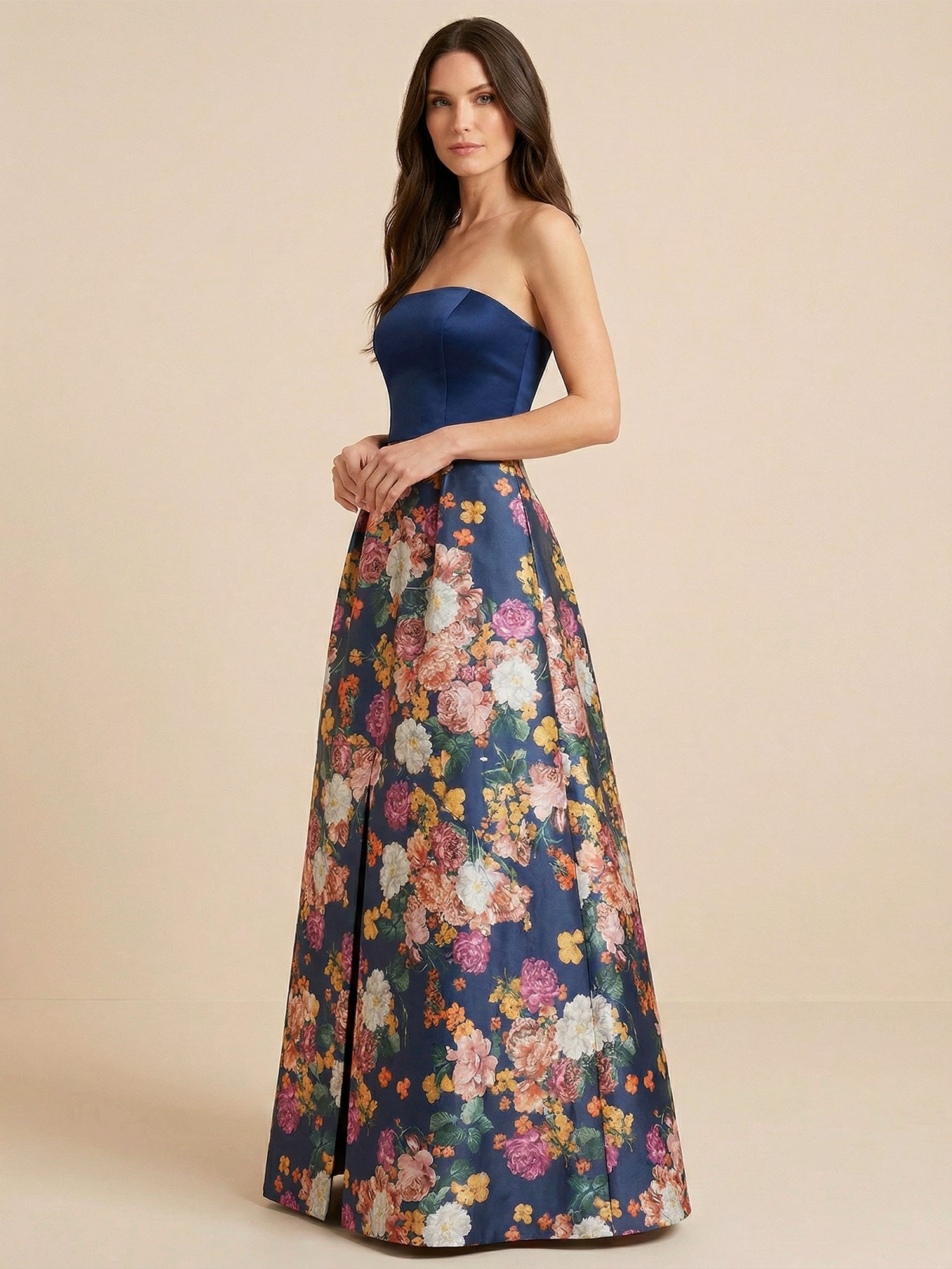 Navy Blue Half Strapless Print Floral Satin Mother of the Brides dress
