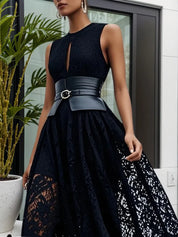 Black Lace Hollow Out Crew Neck Sleeveless A-Line Maxi Dress