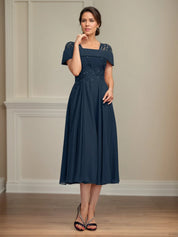 A Line Square Neck Tea Length Chiffon Mother of the Bride Dress With Pleated Sequins