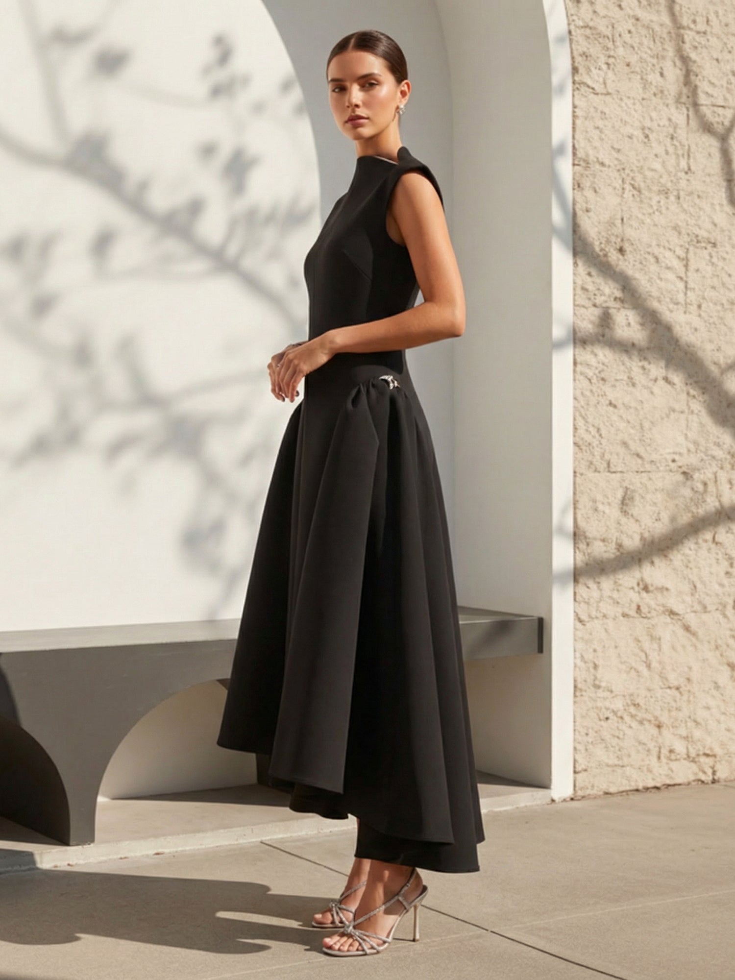 Black O Neck High Low A Line Satin Evening Dress
