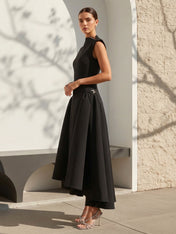 Black O Neck High Low A Line Satin Evening Dress