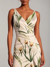 Off White V Neck Floral Mermaid Midi Satin Dress