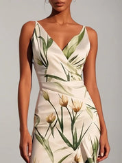 Off White V Neck Floral Mermaid Midi Satin Dress