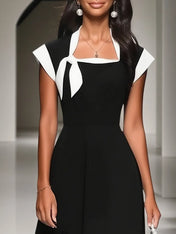 Black Bow Classic Square Neck Cap Sleeve A-Line Midi Dress