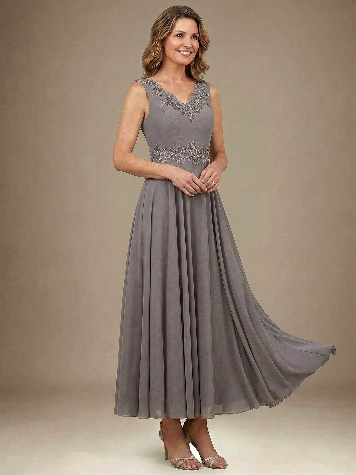 A-line V-Neck Ankle-Length Chiffon Mother of the Bride Dress With Sequins Appliques Lace Beading