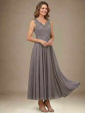 A-line V-Neck Ankle-Length Chiffon Mother of the Bride Dress With Sequins Appliques Lace Beading