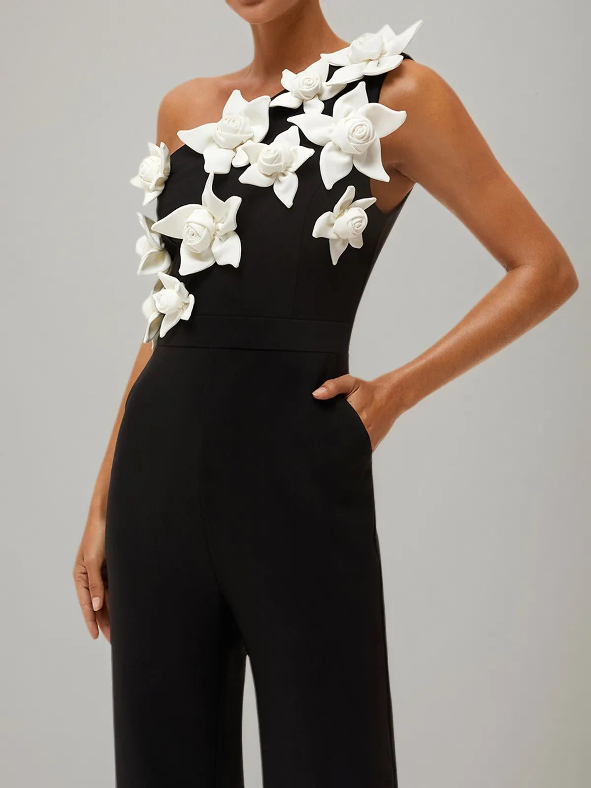 Women Black One Shoulder 3D Floral Wide-Leg Jumpsuit