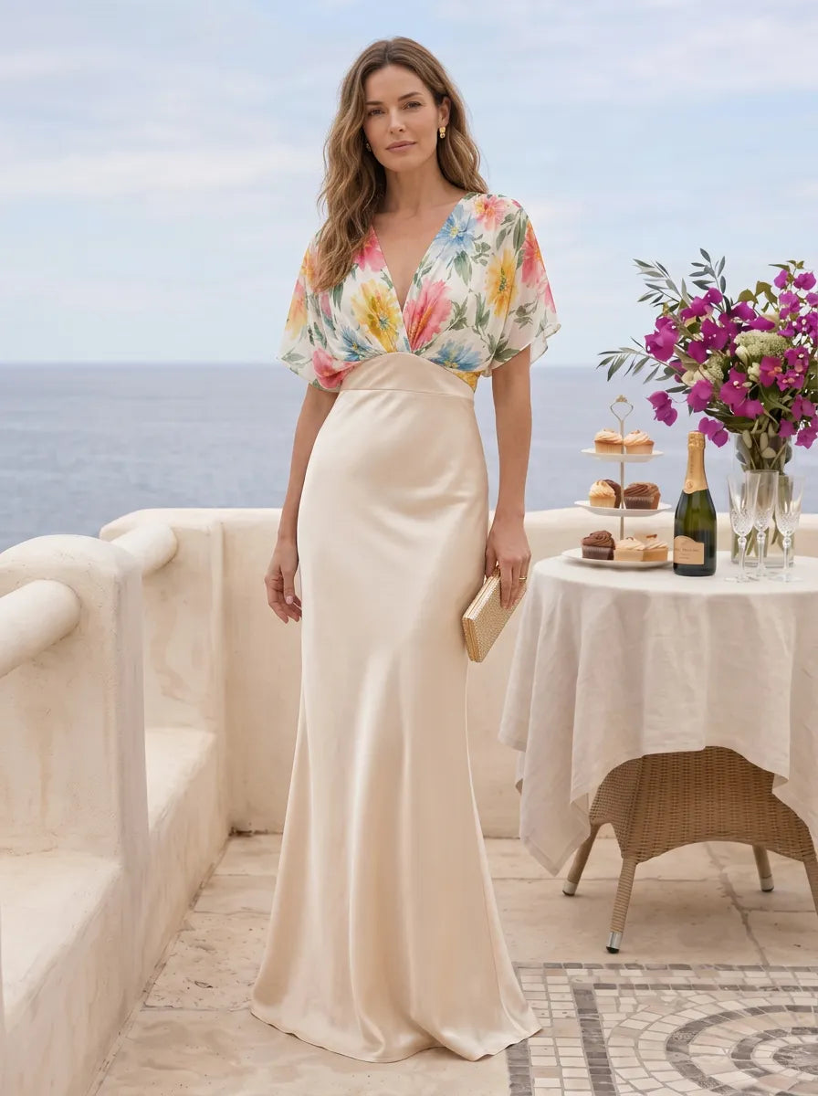 V-Neck Floral Chiffon Short Sleeve Satin Sheath Evening Gown