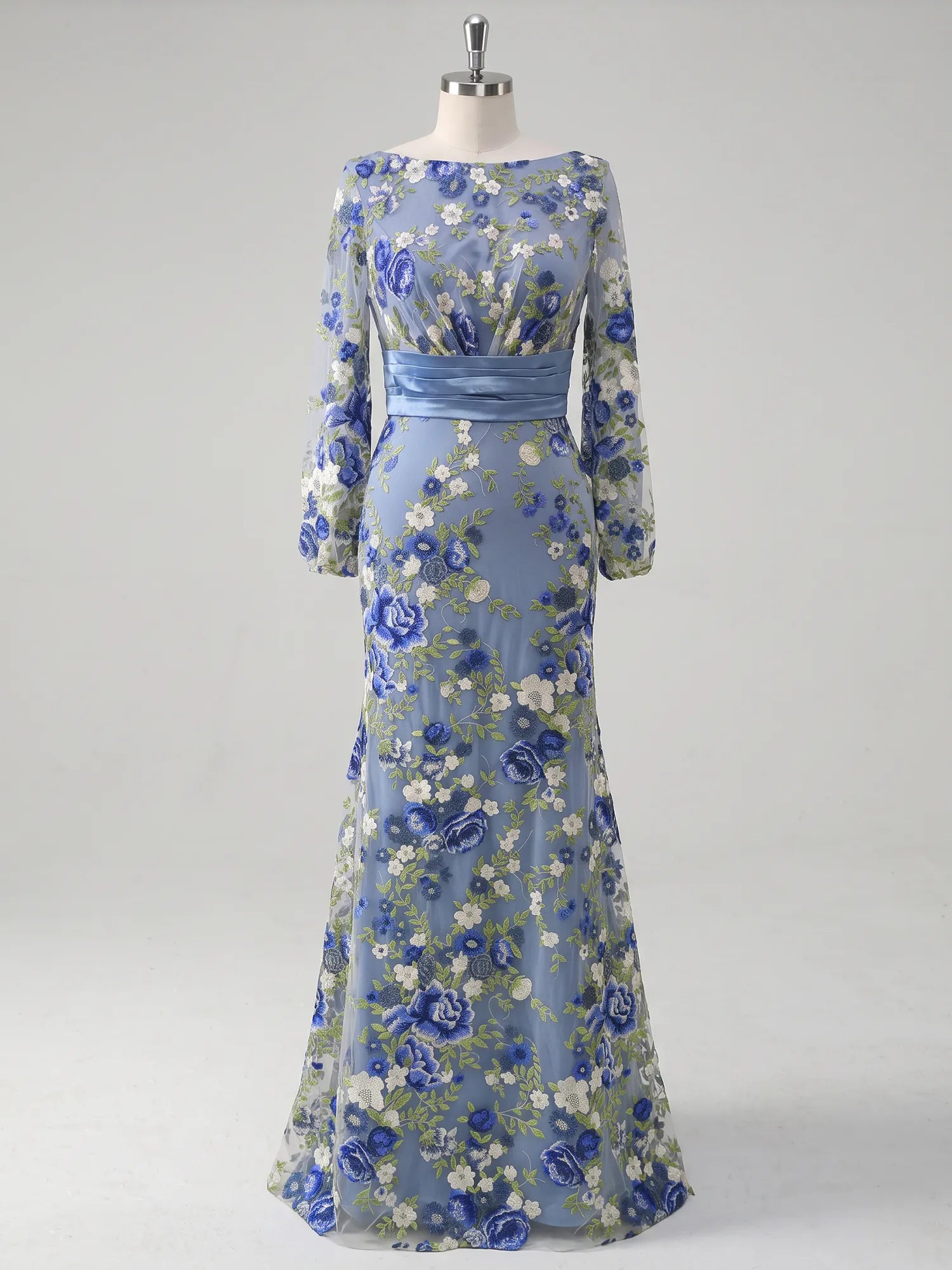 Boat Neck Long Sleeve Embroidered Mesh Evening Dress