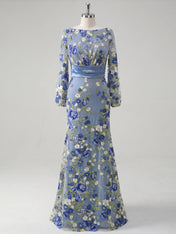 Boat Neck Long Sleeve Embroidered Mesh Evening Dress