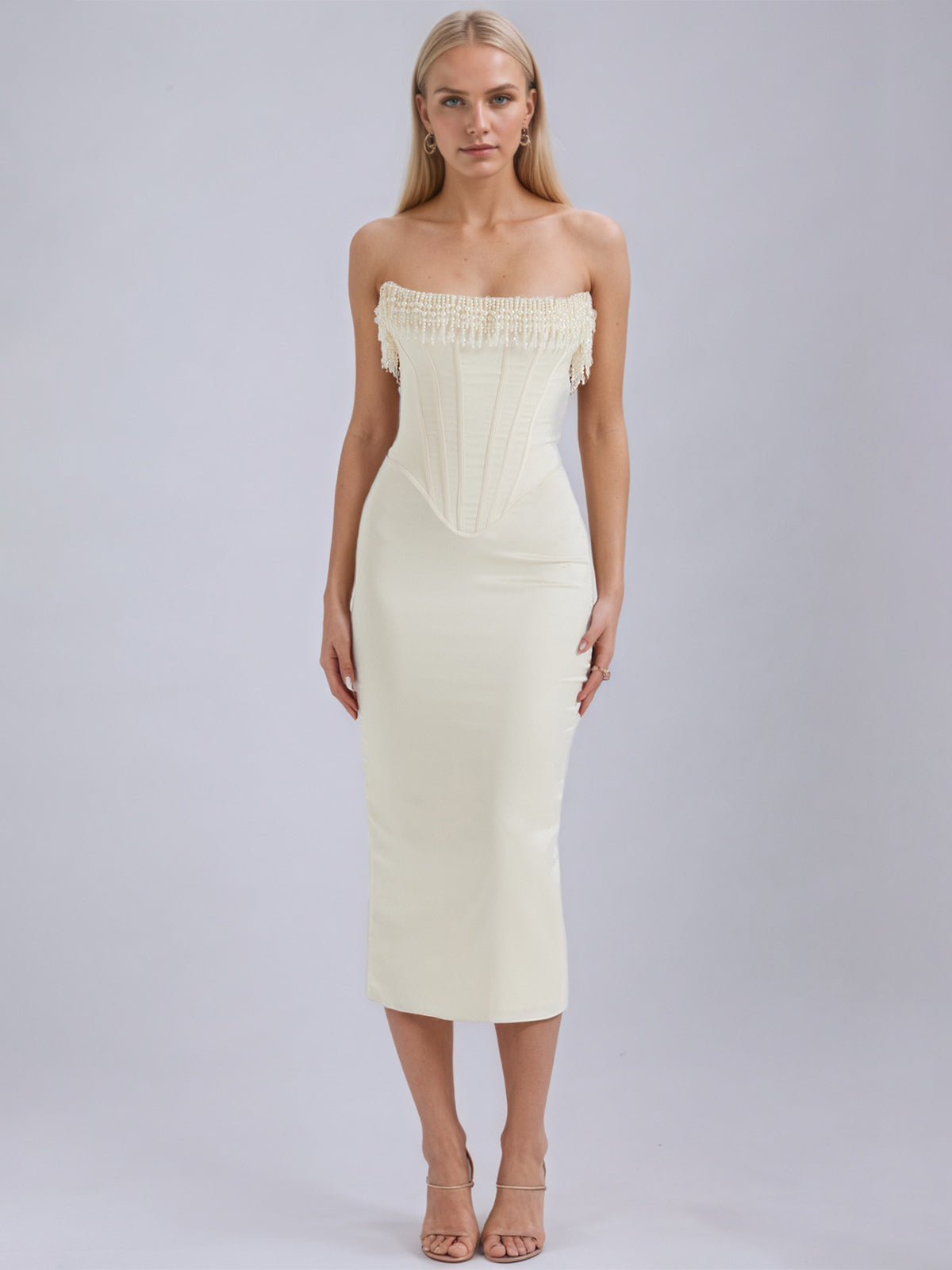 Vintage Cream Embellished Strapless Dress