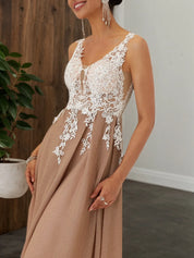 Apricot Lace Prom Dress V Neck Sleeveless A-Line Maxi Dress