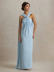 Formal Party Halter Neckline Floor Lenght Sleeveless Blue Dress