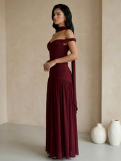 Burgundy Off the Shoulder Maxi Dresses with Scarf A Line Evening Dress