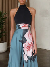 Black Slit Floral Satin Halter Sleeveless A-Line Maxi Dress