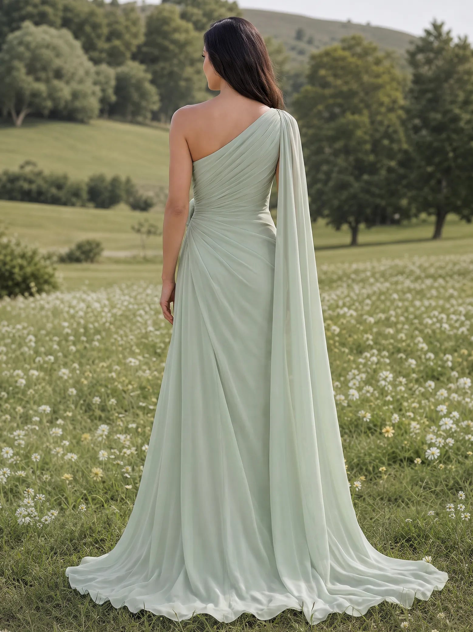 Elegant One-Shoulder Chiffon A-Line Evening Dress with 3D Floral Detail and Draped Cape
