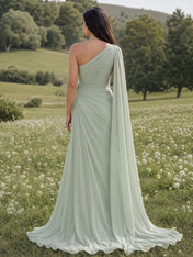 Elegant One-Shoulder Chiffon A-Line Evening Dress with 3D Floral Detail and Draped Cape