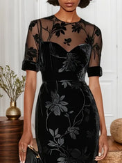 Black Floral Mesh Velvet Crew Neck Short Sleeve A-Line Midi Dress