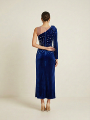 Pearl Velvet One-Shoulder High-Slit Floor-Length Evening Dresses with 3D Rose