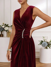 Wine Red Rhinestone Ruched Velvet V Neck Sleeveless A-Line Midi Dress