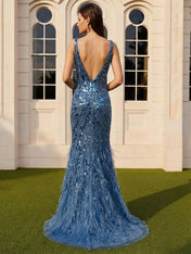 Steel Blue Sequin Feather Long Prom Dress with Slit