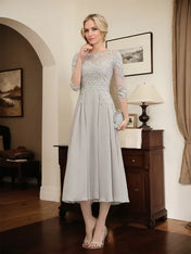 A-line Scoop Illusion Tea-Length Chiffon Lace Mother of the Bride Dress With Beading Sequins