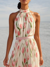 Pink Pleated Floral Chiffon Halter Sleeveless A-Line Mock Neck Maxi Dress