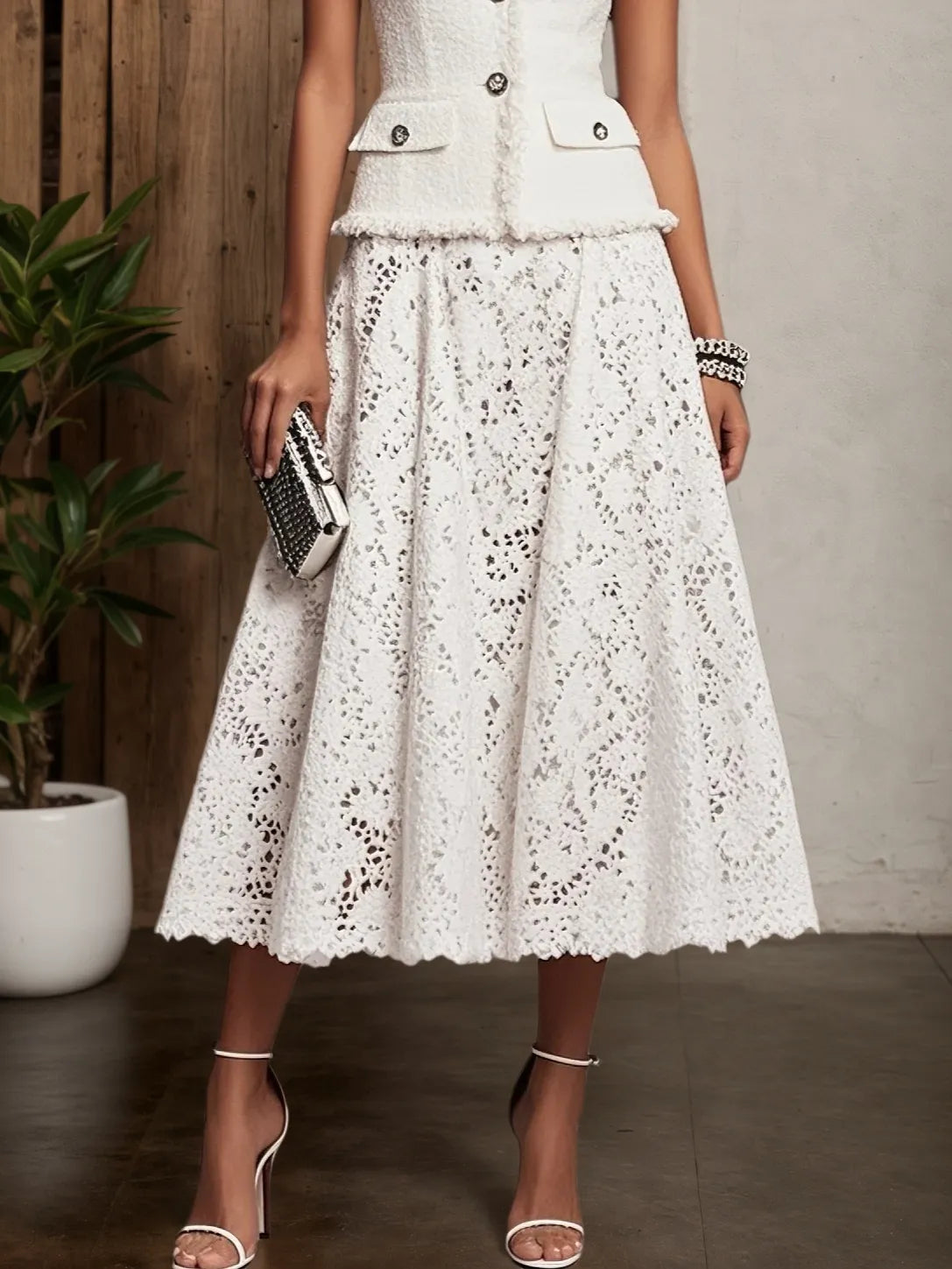 Women Tweed White Buckle Pocket Stitching Crew Neck Sleeveless Dressy Coat With Skirt Two-Piece Set