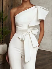 Women White Bow One Shoulder Wide-Leg Jumpsuit
