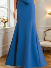 Evening Formal Dress Blue Off-The-Shoulder with Pearls Maxi Dress