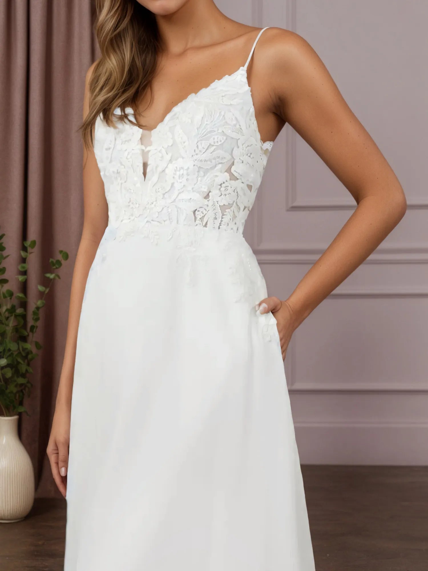 White A-Line V-Neck Sleeveless Sequins Chiffon Wedding Dress