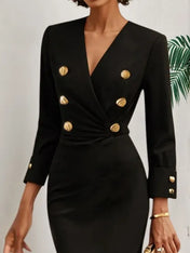 Black Buckle V Neck Long Sleeve Sheath Midi Blazer Dress