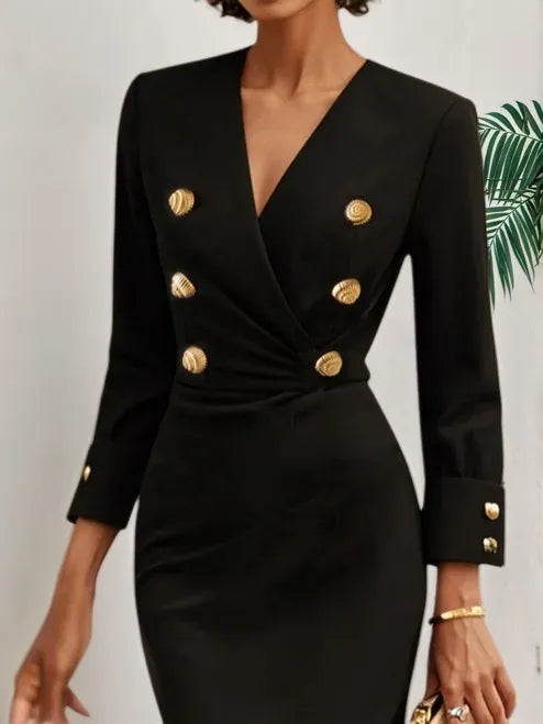 Black Buckle V Neck Long Sleeve Sheath Midi Blazer Dress