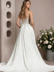 White A-Line Lace Stretch Satin Wedding Dress