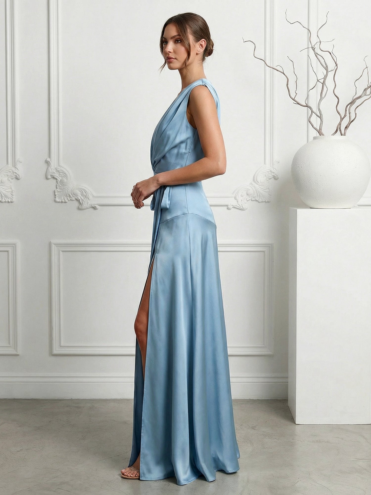 Blue Regular Straps Satin A Line Maxi Dress with Slit