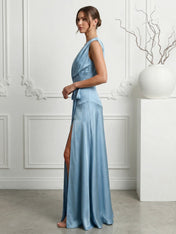 Blue Regular Straps Satin A Line Maxi Dress with Slit