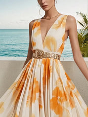 Yellow Chiffon V Neck Sleeveless A-Line Maxi Dress