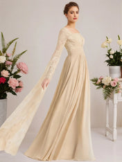A-line Square Floor-Length Chiffon Lace Evening Dress With Beading Pleated
