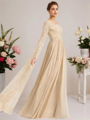 A-line Square Floor-Length Chiffon Lace Evening Dress With Beading Pleated