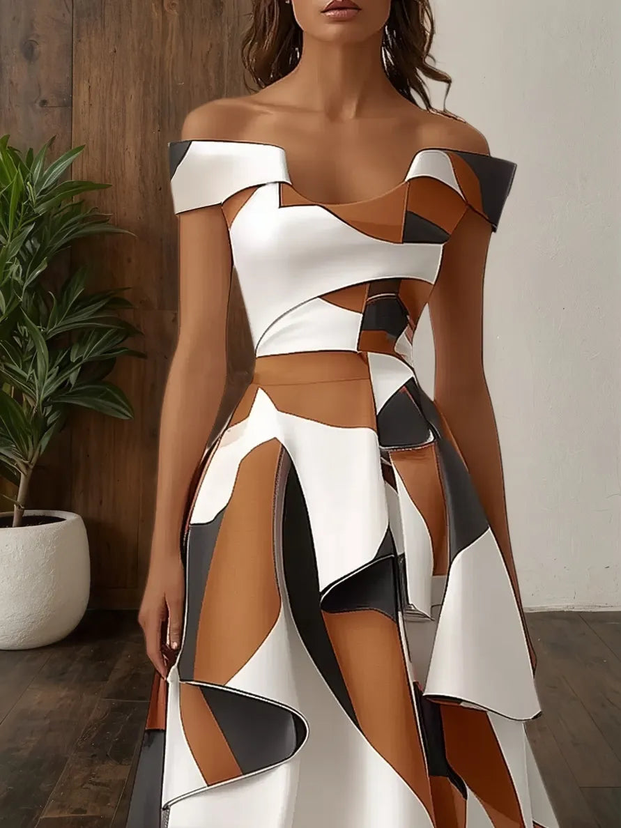 White Color Block Off The Shoulder A-Line Maxi Dress