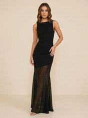 Sleeveless High Neck Sheer Mesh Insert Mermaid Gown Evening Dress