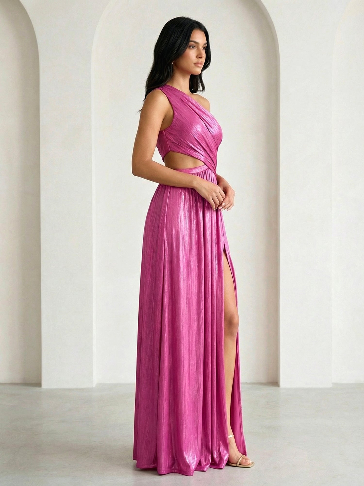 Fuchsia One Shoulder Hollowed Maxi Dress with Pleat