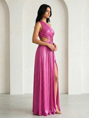 Fuchsia One Shoulder Hollowed Maxi Dress with Pleat